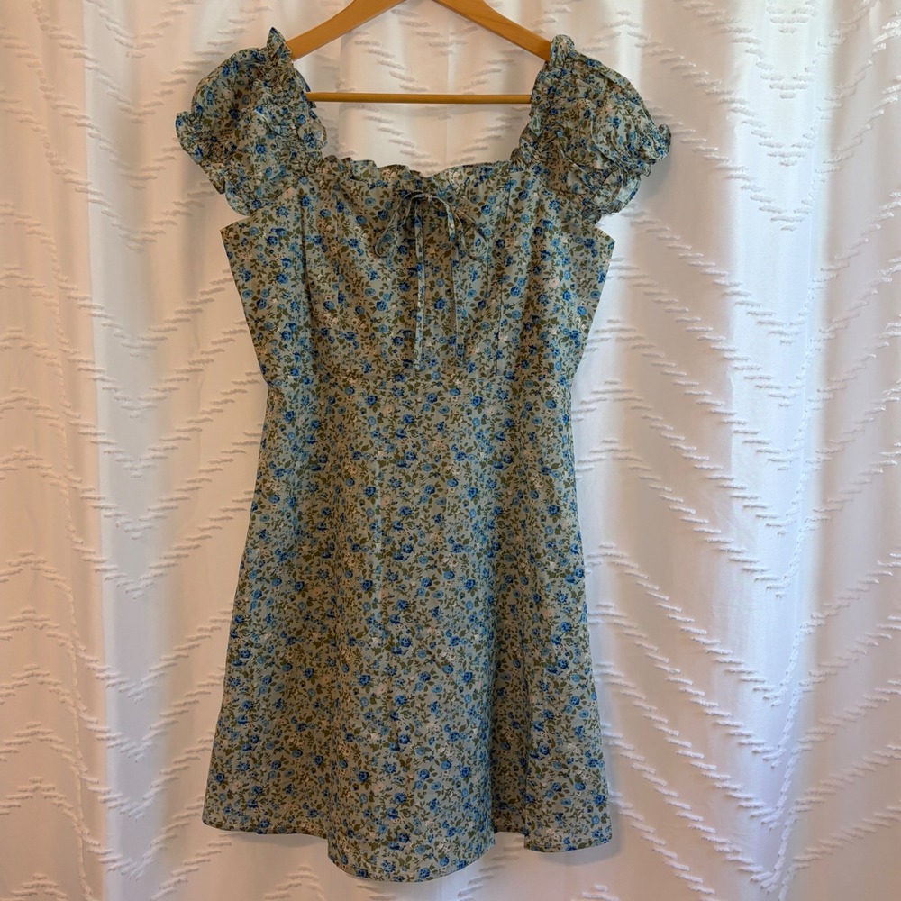 RIHOAS Blue Floral Milkmaid Mini Dress Puff Sleeve Smocked‎ Back Womens Size M